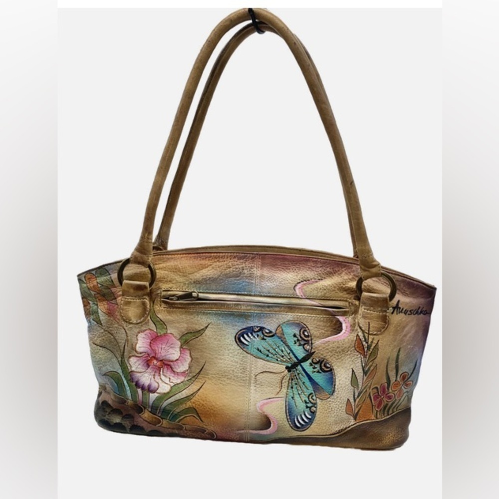 VTG Anuschka Hand Paint Flower Butterflies Leather Double Strap HandBag ￼Satchel